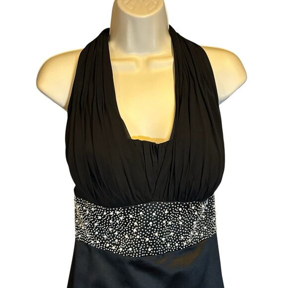 Nicole Miller Platinum Black Halter Evening Gown Size 16 Rhinestone Waist - Picture 3 of 16